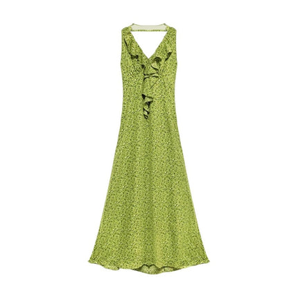 Green French V-Neck Pure Desire Sleeveless Halterneck Floral Dress Women's Summer New Seaside Vacation Long Dress