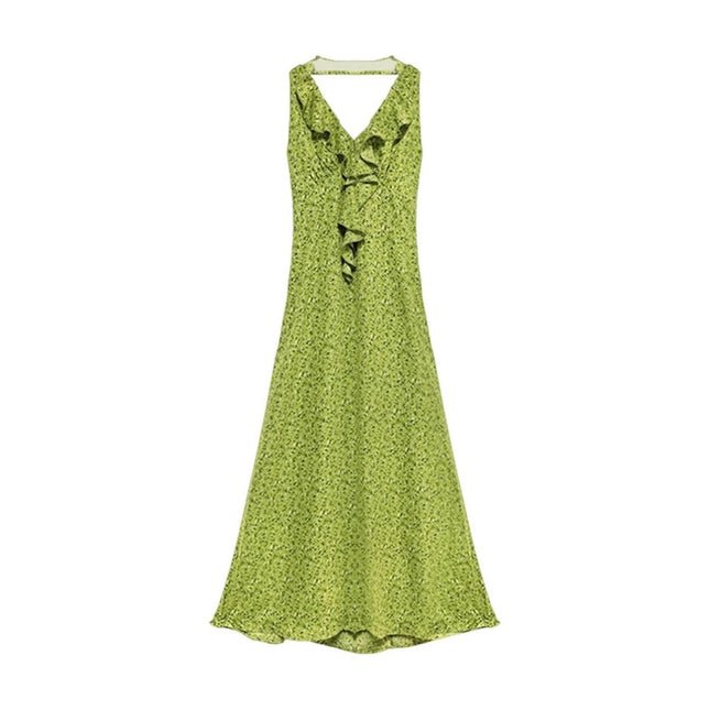 Green French V-Neck Pure Desire Sleeveless Halterneck Floral Dress Women's Summer New Seaside Vacation Long Dress