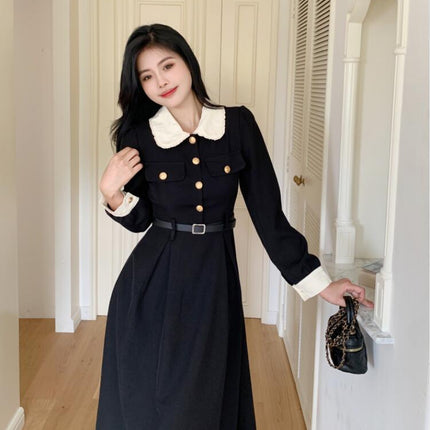 Plus size Hepburn holiday niche temperament slimming French lapel black dress tight waist color matching retro dress women