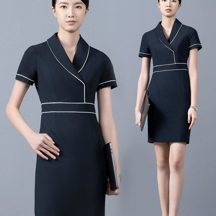 2025 New Navy Blue Professional Dress Women's Summer Front Desk Reception Work Wear Beautician Work Clothes High-End Club