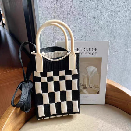 Mini Checkerboard Knitted Shoulder Crossbody Bag Handbag for Women Niche Design Phone Bag Phone Crossbody Handbag