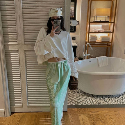 2025 Summer New Italian New Chinese Long Dress to Ankle Design Niche Green Printed Dape Skirt