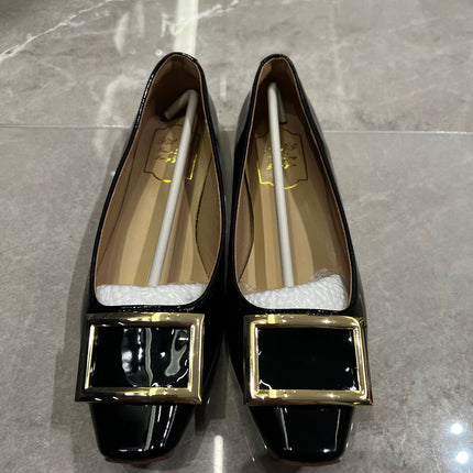 In-Stock Sheepskin Version ~ Grape Mom's Same Style Square Buckle Square Toe Shallow High Heels Women's Spring Chunky Heel Flat Commuting Shoes