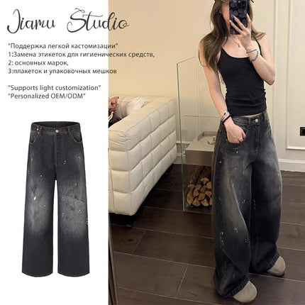 Jiamu Splash-Ink Dirty-Dyed American Baggy Jeans Jeans for Men and Women Straight-Leg Loose Wide-Leg Neutral Draped