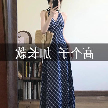 Tall 172cm Extended Version Summer French-Style Halter V-Neck Strap Dress, Elegant and Slimming Blue Plaid Long Dress