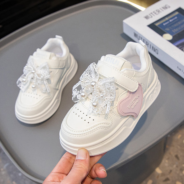 Children's Sneakers 2025 New Spring Girls Leather Breathable sneaker Girls Guofeng Pearl All-match White Shoes