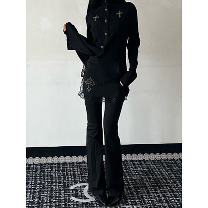 American Style Spice Girl Ancient Early Gothic Cross Culottes Women's Spring Fake Two-piece Lace Stitching Micro Horn Mop Pants