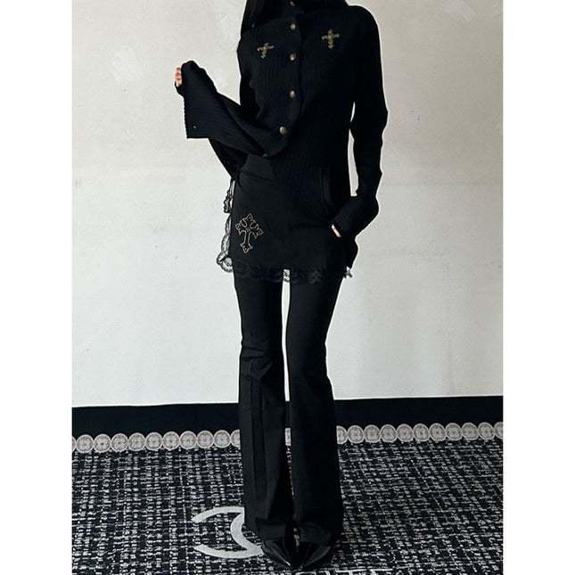 American Style Spice Girl Ancient Early Gothic Cross Culottes Women's Spring Fake Two-piece Lace Stitching Micro Horn Mop Pants