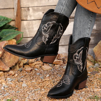 2025 Cross-Border Export New Thick-Heeled Western Cowboy Boots V-Mouth Embroidered Sleeve Knight Boots Retro Mid-Calf Square Toe