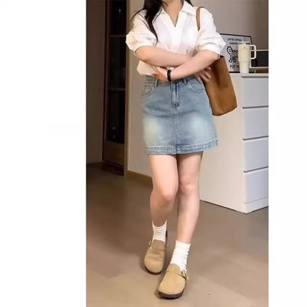 Retro Blue Denim Skirt for Women, Trendyy and Versatile New Style, Large Size Fat mm High Waist, Belly-Covering, Slimming Look A-Line Short Skirt