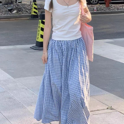 Summer New College Style Clear Blue Plaid Skirt for Women, Loose, Slim and Versatile Casual Skirt for Women