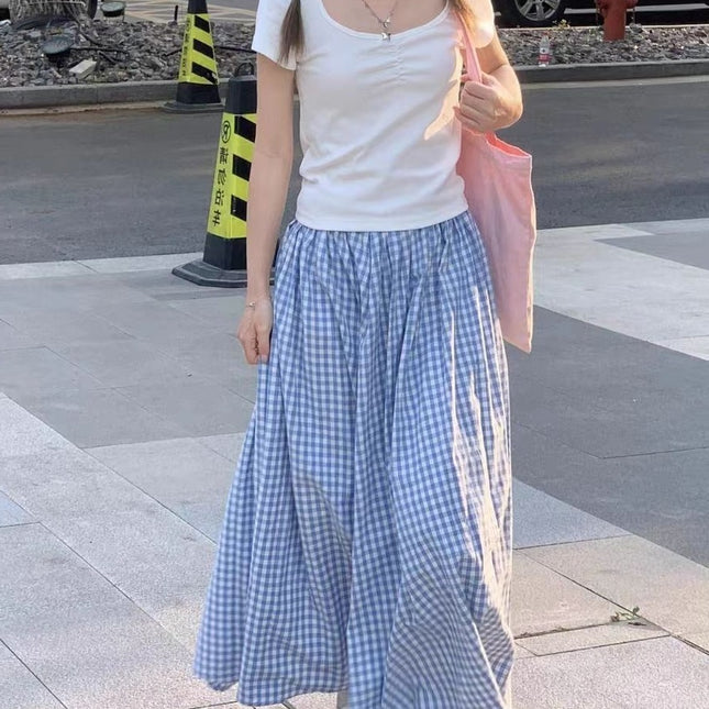 Summer New College Style Clear Blue Plaid Skirt for Women, Loose, Slim and Versatile Casual Skirt for Women