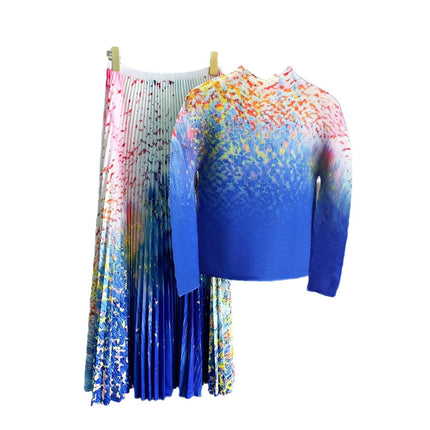 European-Style Early Autumn New Design Stylish Printed Pleated Skirt Set 2024 High-End Fashion Two-Piece Set for Women