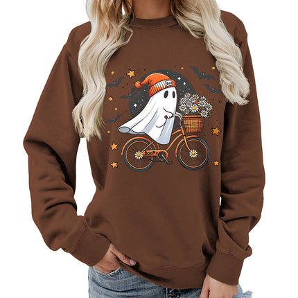 Amazon Source Ghost Riding a Bicycle Halloween Print Round Neck Women's Sweatshirt Casual Loose Fit