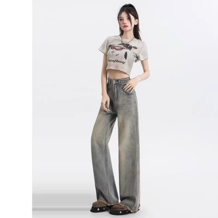 Nostalgic Retro Wide Leg Jeans Women's Trendy All-match New High Waist Slimming Loose Straight Rapped Mop Pants