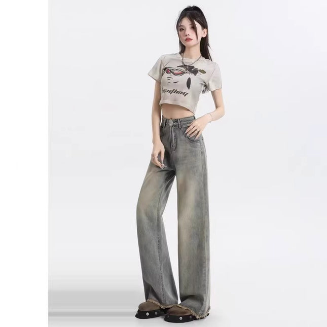 Nostalgic Retro Wide Leg Jeans Women's Trendy All-match New High Waist Slimming Loose Straight Rapped Mop Pants