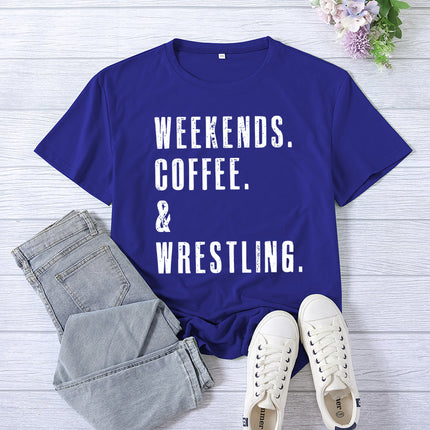 Cross-border Amazon WEEKENDS COFFEE WRESTLING printed short-sleeved women's top T-shirt European code