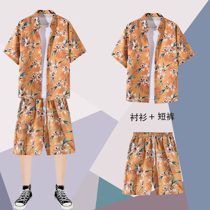 Summer thin short-sleeved floral shirt men's Hong Kong style retro Ruan Shuai Hawaiian seaside couple short-sleeved shorts two-piece set