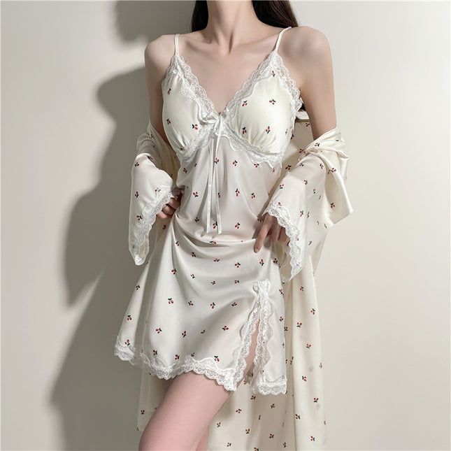 Jiangnan Style Fresh Print Fashion Casual Home Clothes Spring and Summer Sexy Deep V Women's Sling Skirt Nightgown Two-Piece Set