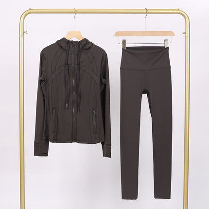 Lulu Df Stamped Hooded Jacket and Cropped Pants Set, Tight-Fitting Stretch Jacket with Gold Zipper, Fitness Yoga Outfit