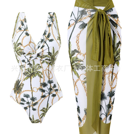 European and American Explosions Coconut Tree Twist One-piece Swimsuit Women's Two-piece Belly-covering Sexy Belt Mesh Skirt Foreign Trade OEM