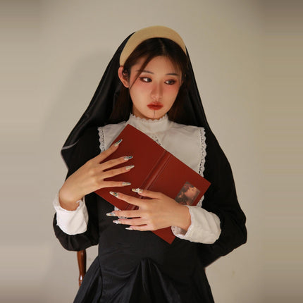 Evil Nun! Halloween Cos Costume Contrast Style Blackened Gothic Dark Style Horror Dress for Adult Women