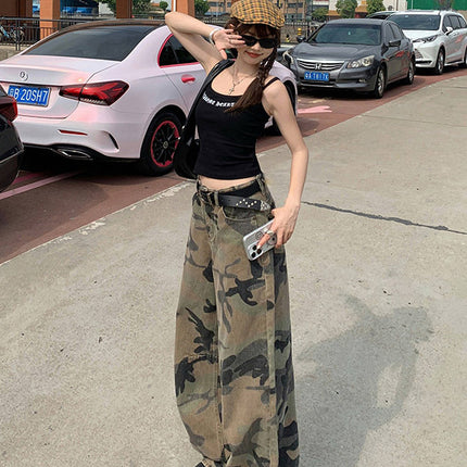 American Retro High Street Straight Washed Distressed Camouflage Jeans Women's High Waist Loose Wide Leg Drape Long Pants