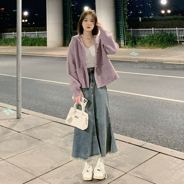 Autumn French Knitted Sweater Coat Denim Fishtail Skirt Two-piece Set Salt Style Gentle Style Elegant Wear a Complete Set