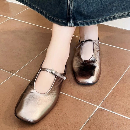 Mary Jane Flats Shoes for Women, Square Toe Light Mirror Shoes, Cow Leather Pleated Texture Square Toe French Literary Granny Shoes