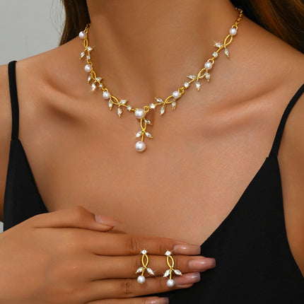 Pinduoduo Cross-border Pearl Women's Fashion Elegant Alloy Drop Bridal Dress Accessories Necklace Earrings suit