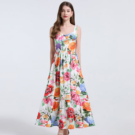Real Shot Summer Positioning Printed Positioning Sling Slim-fit Waist dress Back Rubber Dress