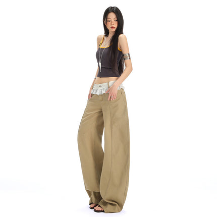 Khaki Scimitar Wide-Leg Jeans for Women 2025 Summer New High-Waisted Loose Lace Design Sickle Pants