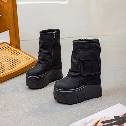 Work Boots for Women 2026 Spring/Summer/Autumn New Platform Shoes with Super High Heels and Hidden Height Increase 14cm Solid Color Simple Trendy Style