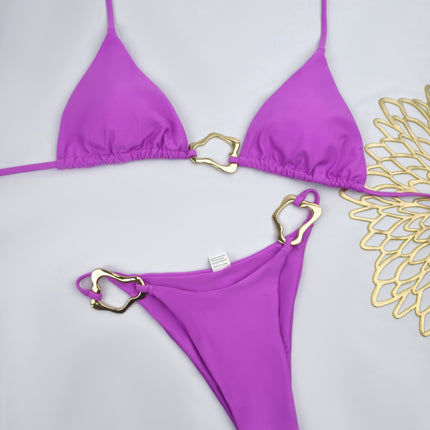 In-Stock 2025 New Style Two-Piece Bikini Swimsuit for Women, European and American Fashion, Sexy Accessories, Buckle Nylon Solid Color Swimwear