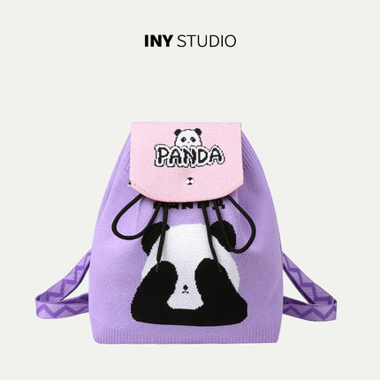 Grandpa Panda Cartoon Knitted Bag Women's Handbag Spring and Summer Popular Large Capacity Shoulder Drawstring Bag Versatile Backpack