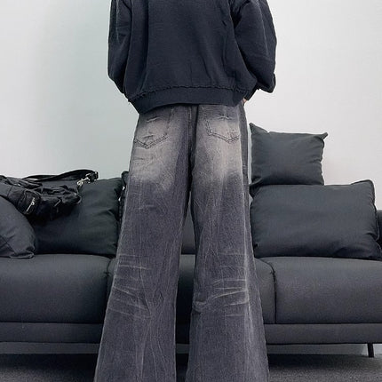 American Style Retro Niche Lightning Pattern Wide-legged Jeans Men's Loose Washed Pleated Straight Casual High Street Long Pants