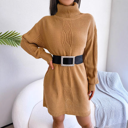 Clearance Sale Autumn/Winter European and American Casual High-Neck Cable-Knit Lantern Sleeve Sweater Dress Amazon Hot-Selling Cross-Border Women's Clothing