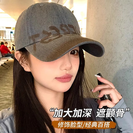 American Retro Washed Letter Large Head Circumference Baseball Cap for Women, Face-Slimming Versatile Fashion Simple Duckbill Cap for Men Casual