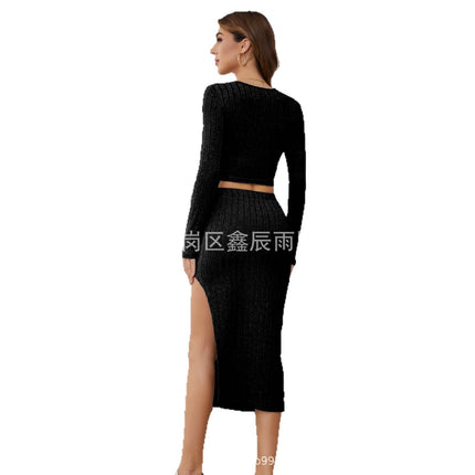 Factory Direct Sales 2025 Slim-Fit Fashionable Solid Color Ribbed Women's Round Neck Long-Sleeve Side-Slit Skirt Set