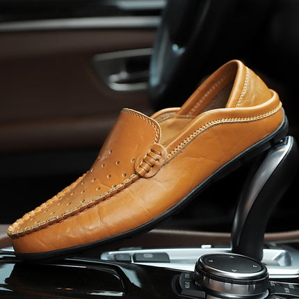 Doug Shoes Men's Genuine Leather Casual Shoes Summer Breathable Soft Bottom Driving Cowhide Slip-on Lazy Shoes for Business All-Match