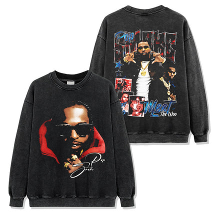 Cross-border American Hip-hop Smoke Pop Smoke Printed Short-sleeved T-shirt Washed Long-sleeved Loose Hooded Sweat for Men