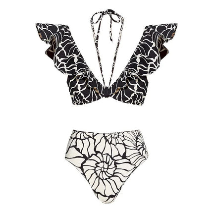 2024 European and American bikini New Double-sided Ruffled Printed High Waist Split Swimsuit Tassel Wrap Skirt 25206