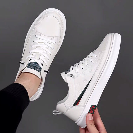 New Trendy White Sneakers with Hidden Height Increase for Men, Casual Leather Shoes