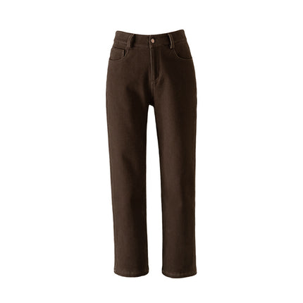 Xinge Maillard Brown Jeans Women's fleece-lined Straight High Waist Slimming Stretch Cropped Pants