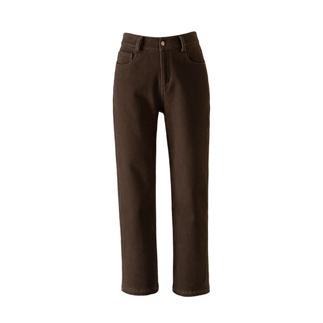 Xinge Maillard Brown Jeans Women's fleece-lined Straight High Waist Slimming Stretch Cropped Pants