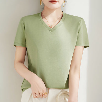 100 mercerized cotton short-sleeved T-shirt women's 2025 summer new V-neck cotton pullover vest cool feeling ice silk base