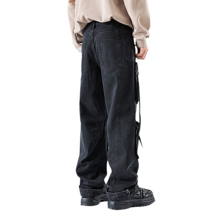 Autumn New American Retro Pocket Tooling Jeans Loose Niche Motorcycle Style Old Tooling Straight Pants