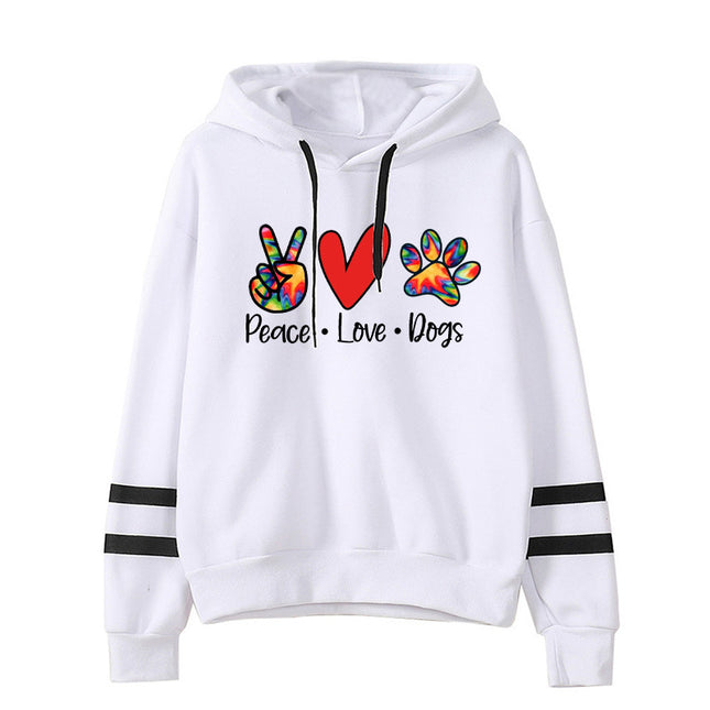 Scissors Hand Love Dog Feet Peace Love Dogs Printed Parallel Bars Striped Sweatshirt Autumn and Winter European and American Men and Women