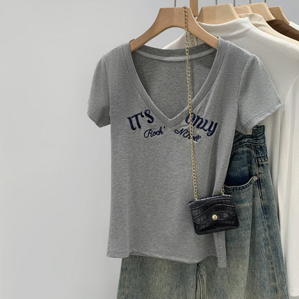 Affordable Women's Age-Reducing Letter Printed Short-Sleeved T-Shirt for Women 2025 New Style Fashionable Right Shoulder Single Top