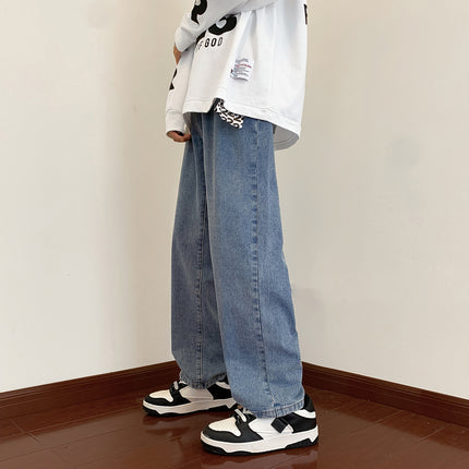 Men's Loose Casual American-Style Jeans, Washed Vintage Blue Floor-Length Casual Pants, Straight-Leg Jeans